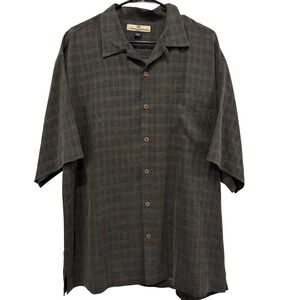Tommy Bahama Mens Gray 100% Silk Windowpane‎ Plaid Short Sleeve Camp Shirt Large
